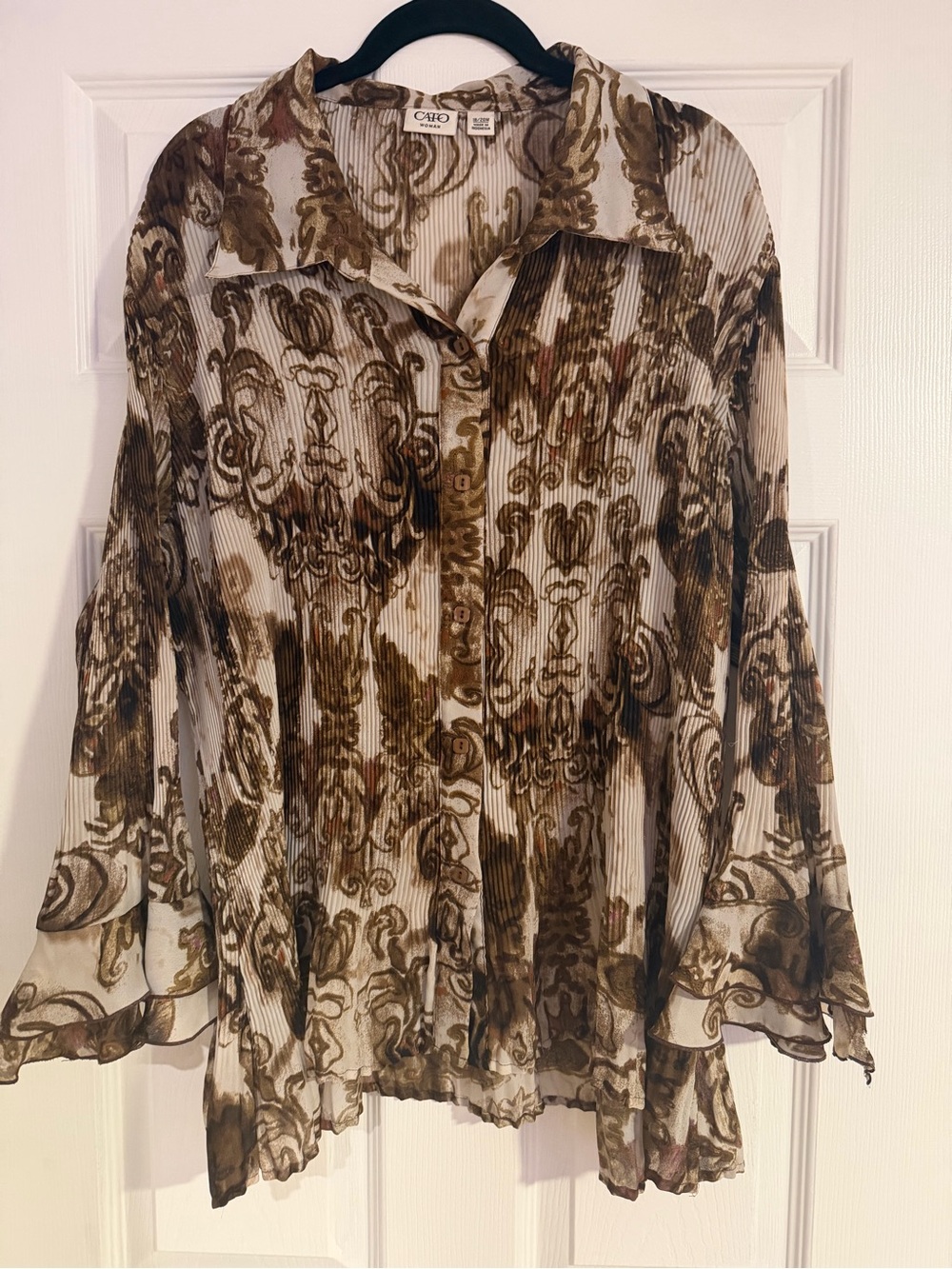 Cato Brown and Cream Printed Sheer Button-Front Blouse